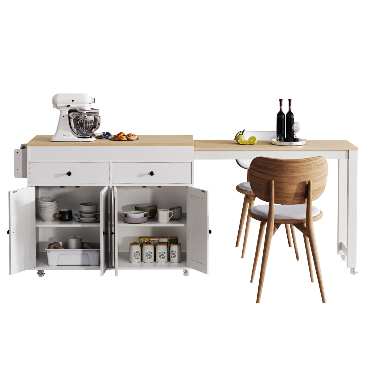 K&K 74.5 inch Kitchen Island with Extendable Dining Table , Rolling Kitchen Island on Wheels with Spice Rack and 2 Drawers,Kitchen Storage Cart with 4 Door Cabinet, for Kitchen, Dining Room, White N707S000009W-djyc