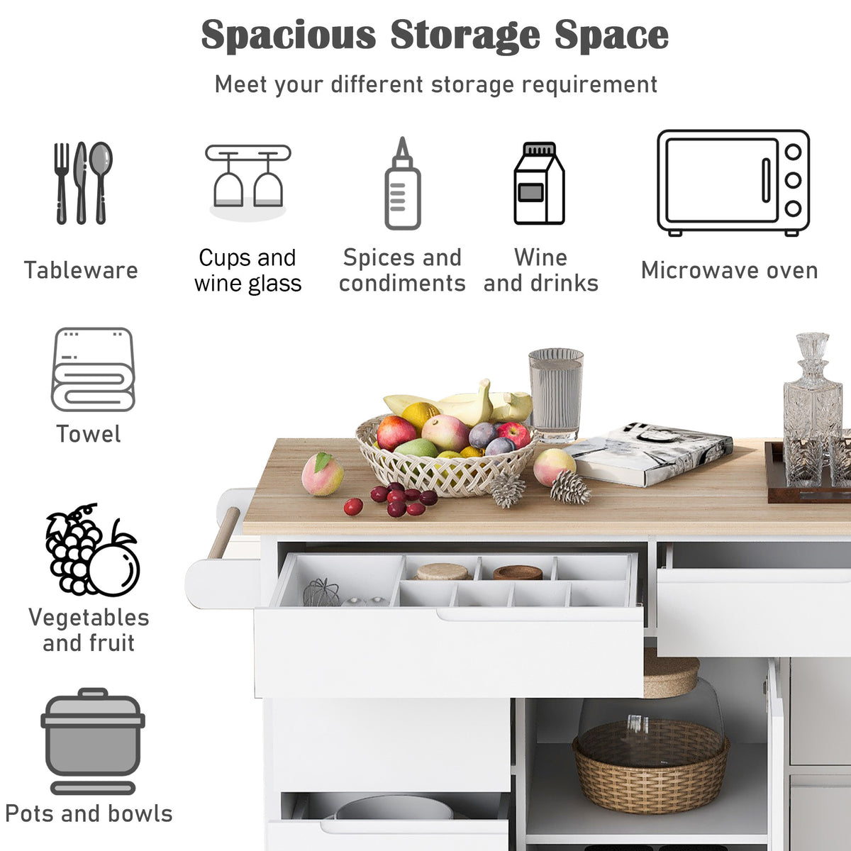 K&K Store Kitchen Cart with Rubber Wood Countertop , Kitchen Island has 8 Handle-Free Drawers Including a Flatware Organizer and 5 Wheels for Kitchen Dinning Room, White SK000002AAW-djyc