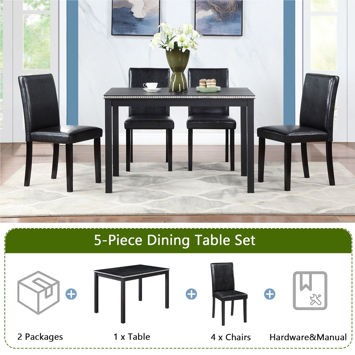 5 Piece Wooden Dining Table Set, Kitchen Table Set with a Rectangular Table and 4 Upholstered Chairs, Wooden Dining Room Table with Crystal Decoration and Chairs Set for Kitchen, Dining Room, Black W1998S00047-djyc