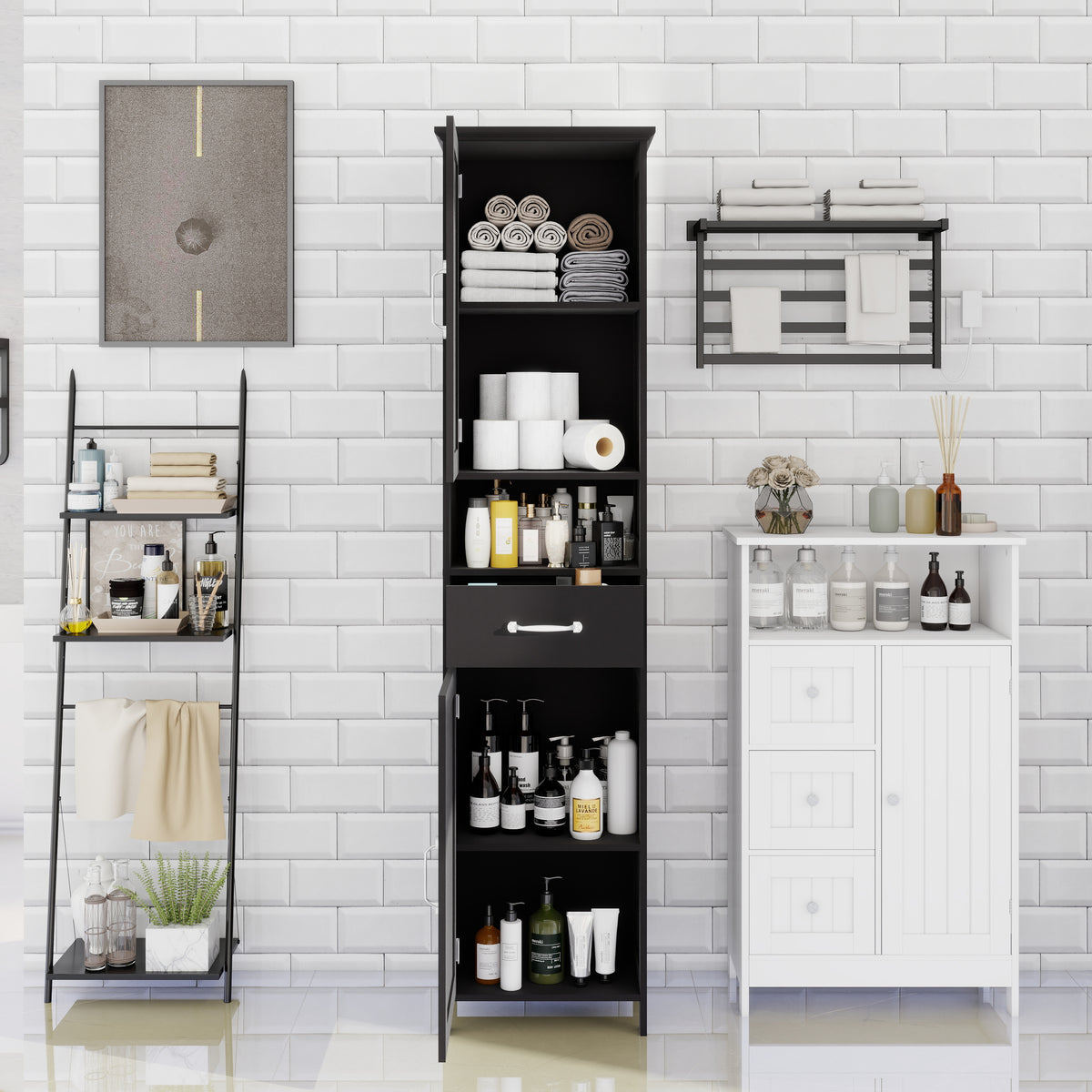 Double Door Narrow Height Slim Floor Standing Cabinet with 2 Adjustable Shelves-Black W282P171953-djyc