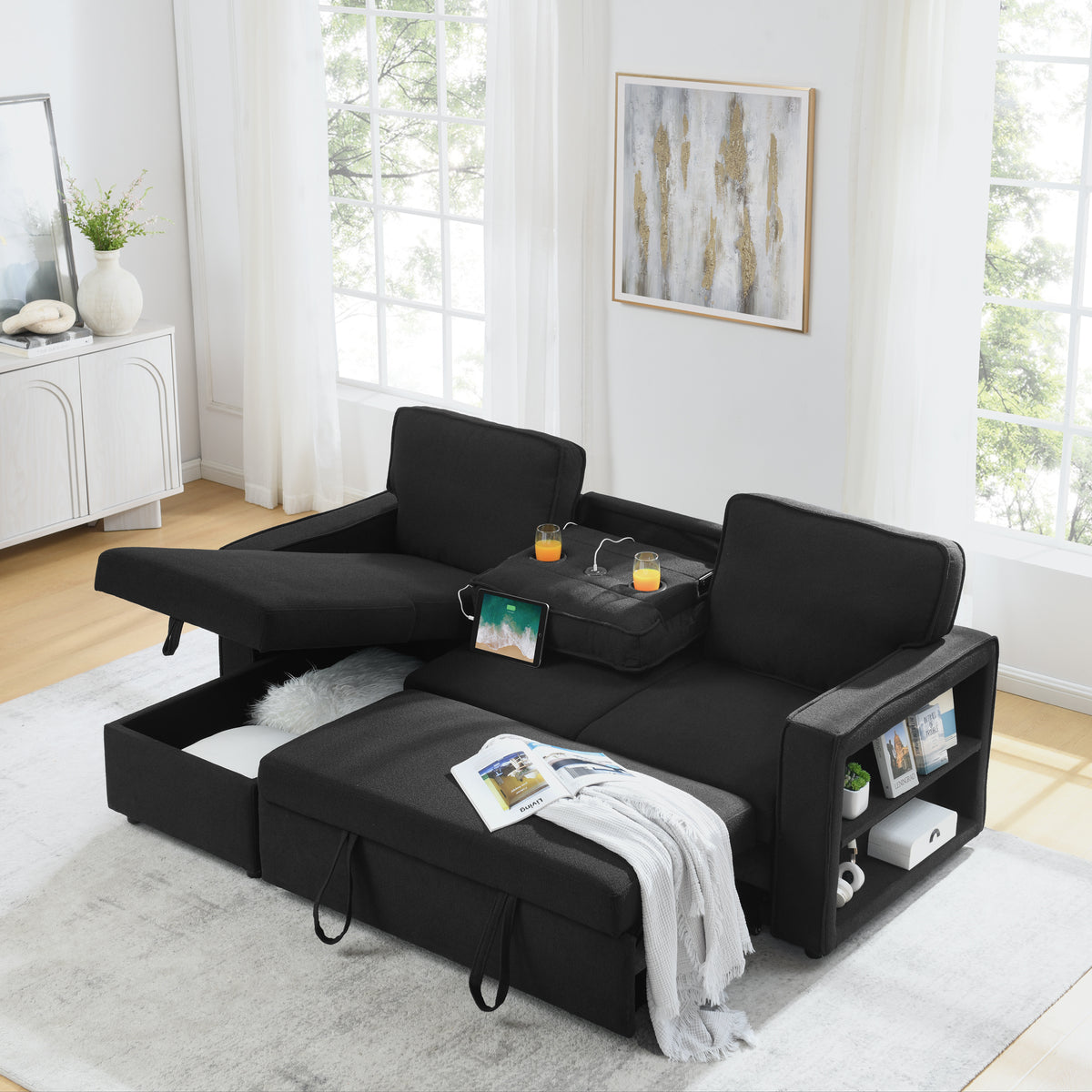 Linen Upholstered Sleeper Sectional Sofa, Shaped Modular Convertible Sofa with Storage Chaise,There are two cup holders in the middle and USB multi-interface function,Pull Out Sleep Couch Bed ,Black W487S00246-djyc