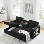 Linen Upholstered Sleeper Sectional Sofa, Shaped Modular Convertible Sofa with Storage Chaise,There are two cup holders in the middle and USB multi-interface function,Pull Out Sleep Couch Bed ,Black W487S00246-djyc