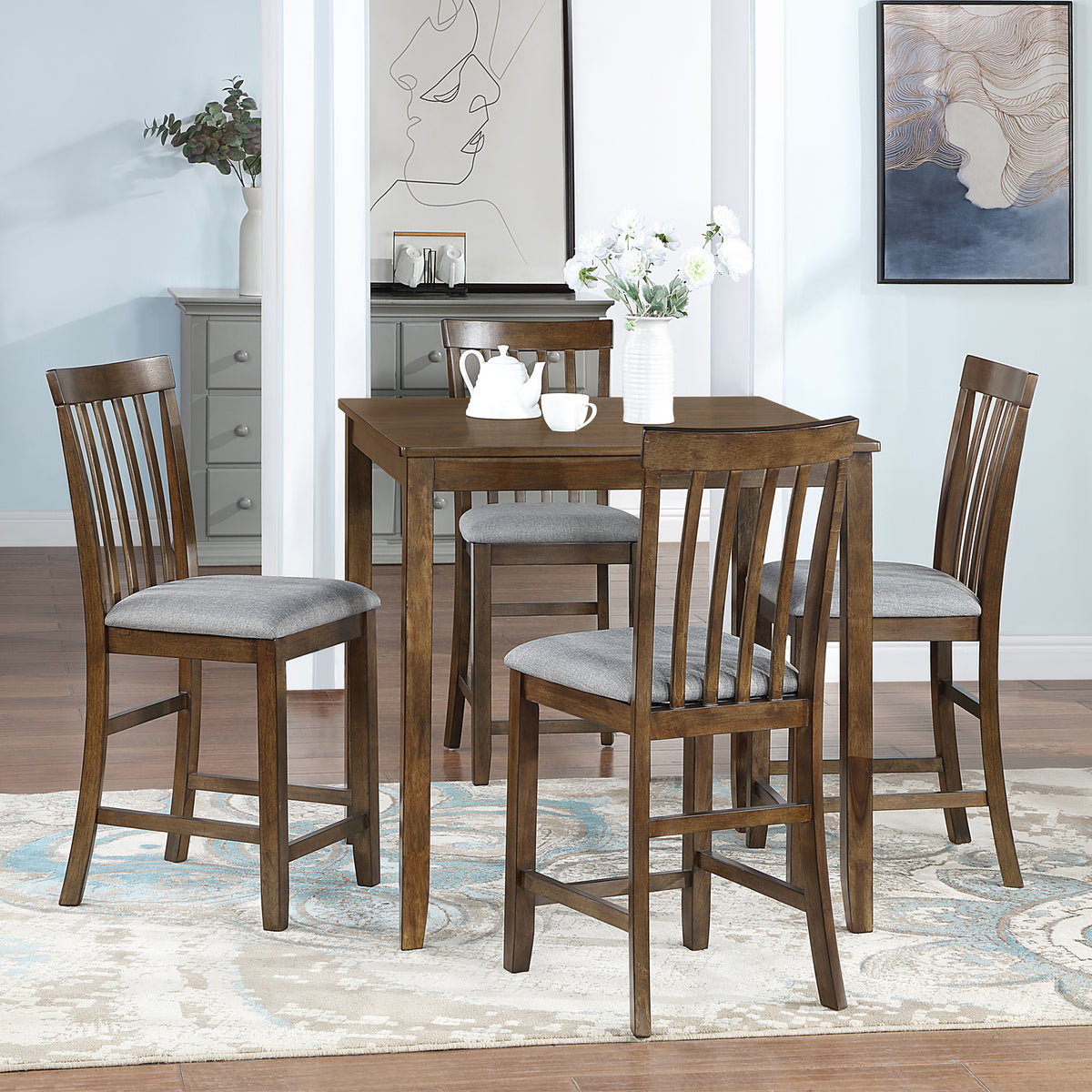 5 Piece Dining Table Set, Wooden Dining Square Table Set for 4, Counter Height Kitchen Table Set with Square Table and 4 Upholstered Chairs for Small Space, Walnut W1998S00034-djyc