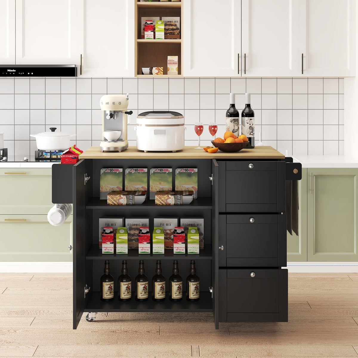 45.4" Farmhouse Black Rolling Kitchen Cart on Wheels with Storage Cabinet, Mobile Kitchen Island cart with Drop Leaf Top, Spice Rack, Towel Bar, Adjustable Shelf, Drawers and Hooks W2557P180166-djyc