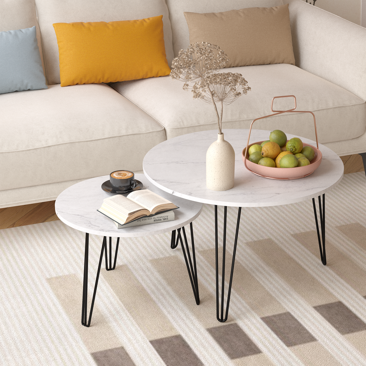 27.56'' Round Nesting Coffee Table Set of 2,Circular Nesting End Table Set, Round Marble Tabletop, and Sturdy Metal Base for Living Room, bedroom, White W808P176737-djyc