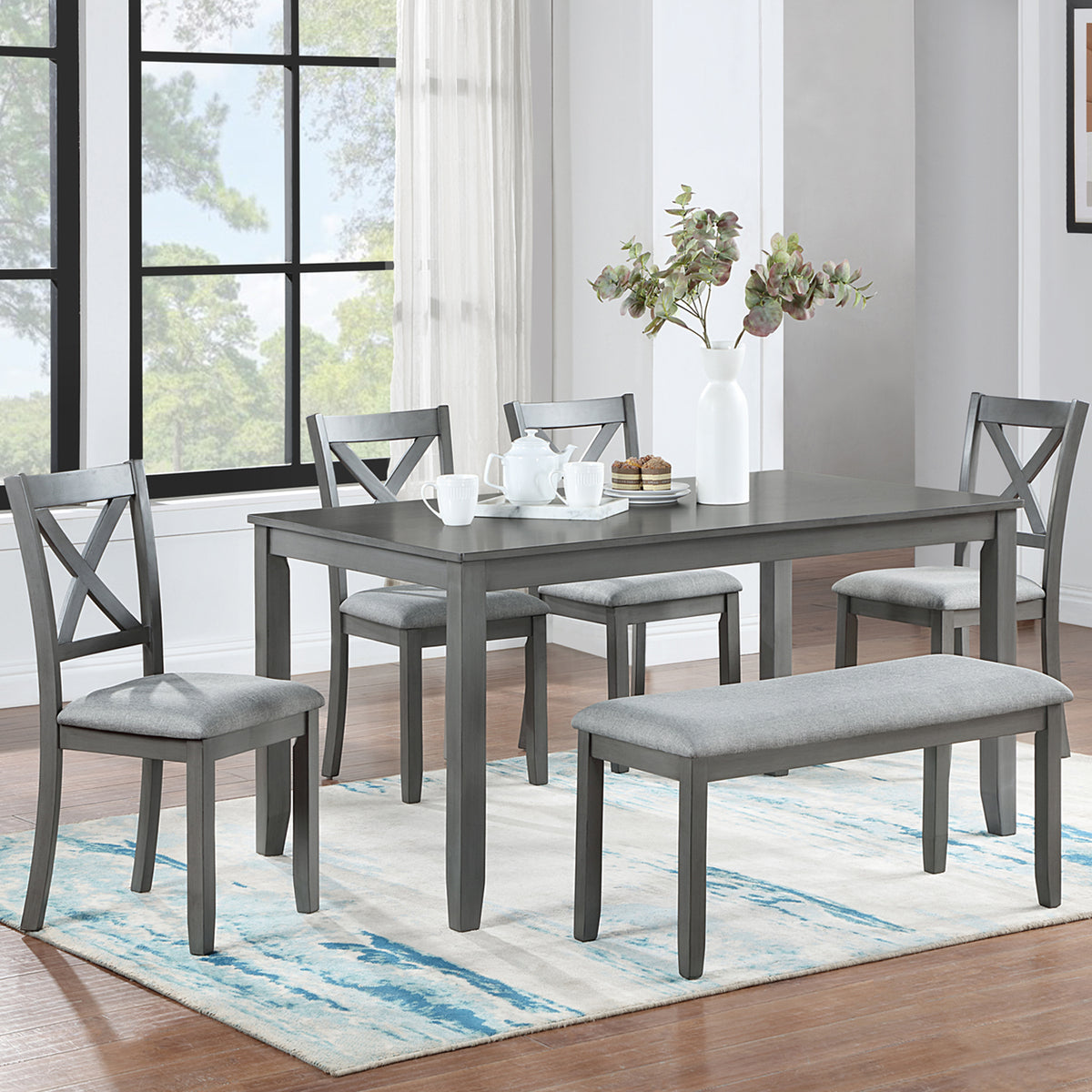 6 Piece Kitchen Dining Set, Rectangular Wooden Dining Table with 4 Upholstered Chairs and a Bench, Dining Table Set for 6 People, Living Room, Home Bar and Kitchen, Gray W1998S00004-djyc