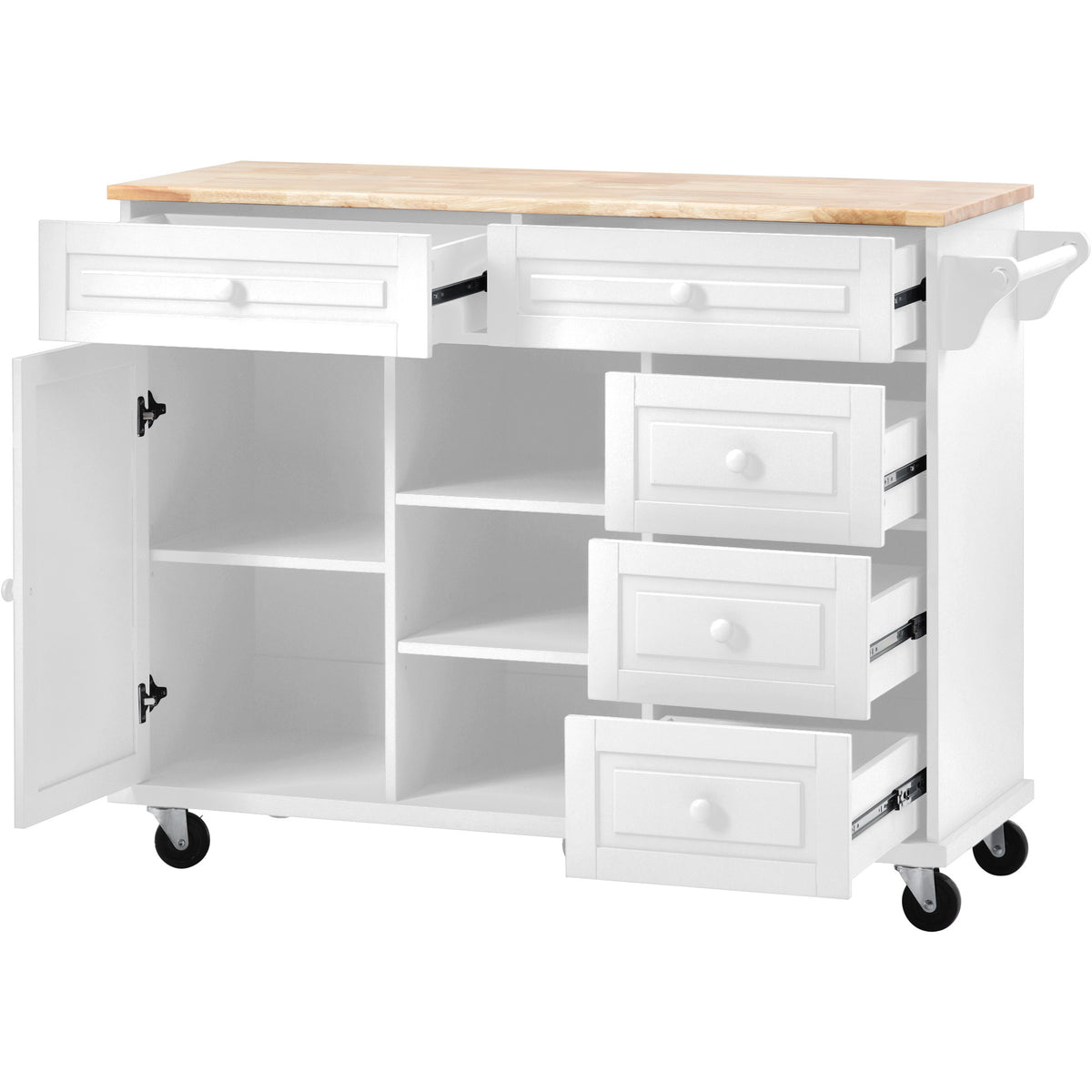 Kitchen cart with Rubber wood desktop rolling mobile kitchen island with storage and 5 draws 53 Inchlength(White) WF297003AAW-djyc