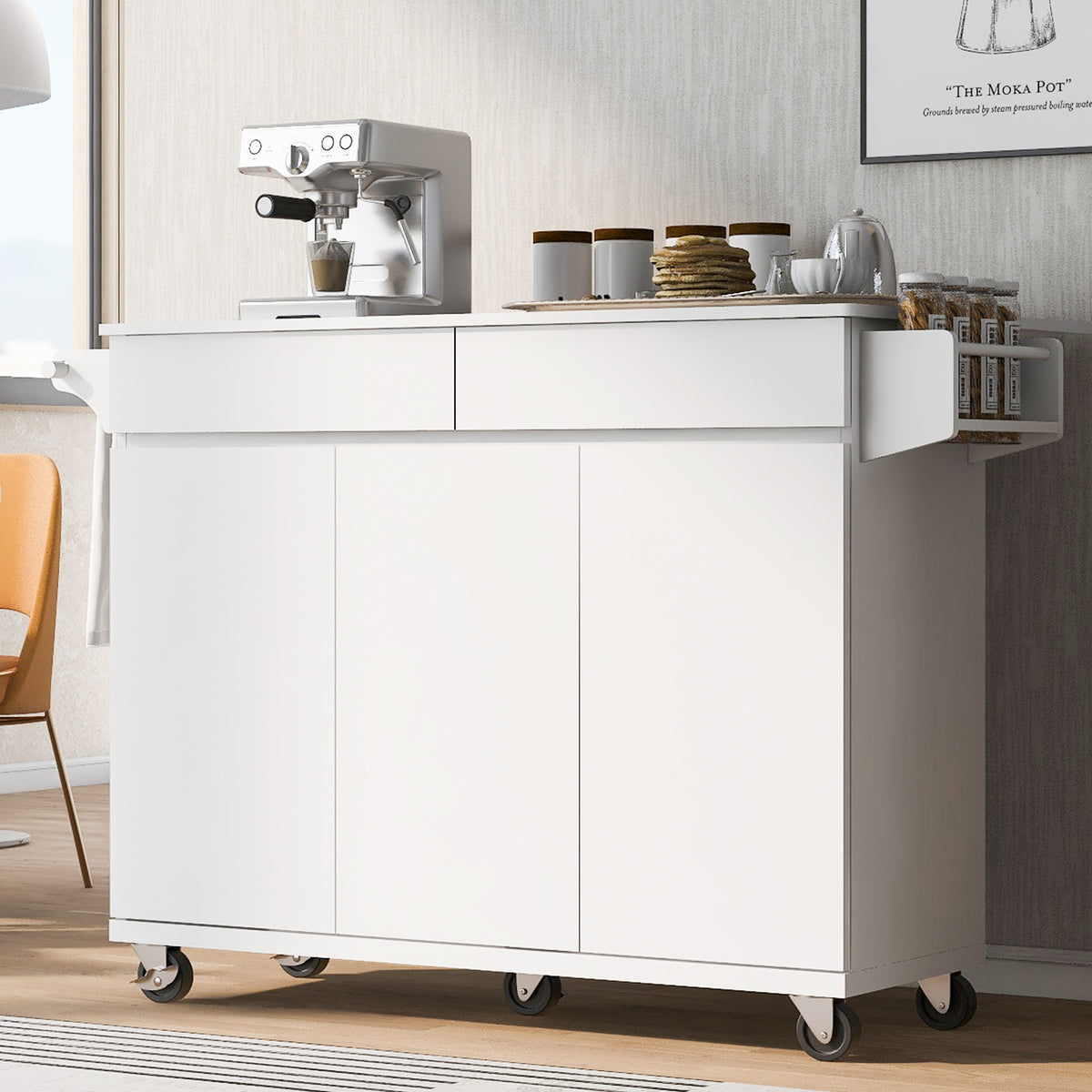 K&K 53.2''Kitchen Island with Drop Leaf, Kitchen Storage Cart with Spice Rack, Towel Rack and 2 Drawers, Rolling Kitchen Island on Wheels with Adjustable Shelves for Kitchen, Dining Room, White N707P173041W-djyc