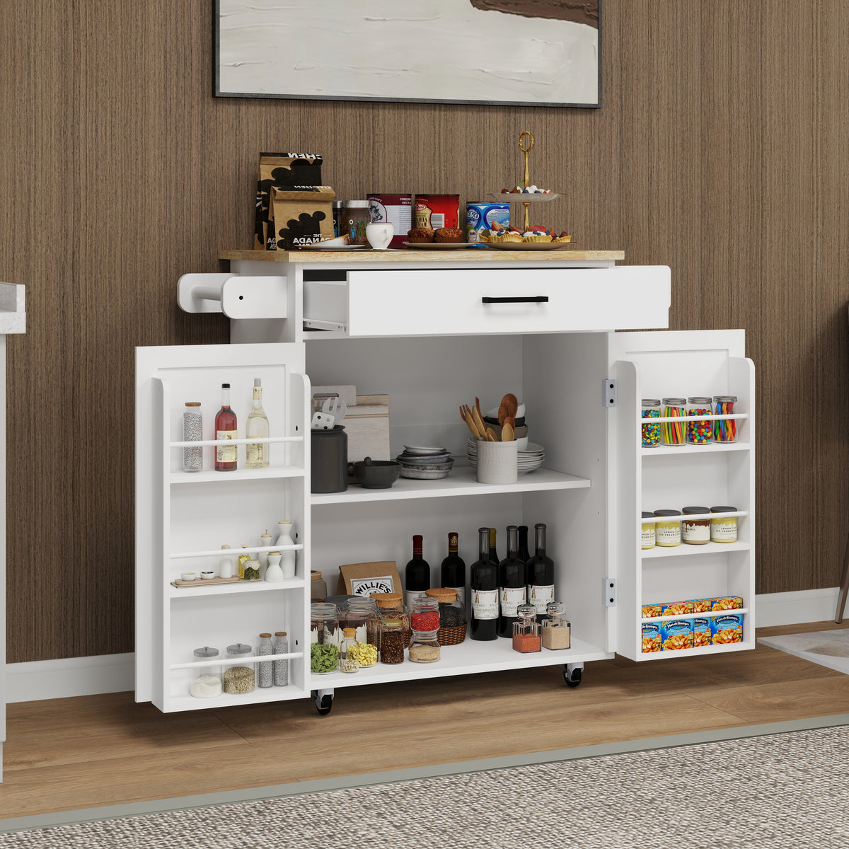 Kitchen island rolling trolley cart with 1 drawer & 2 doors with storage racks & Adjustable Shelves & towel rack & seasoning rack rubber wood table top-White W282P163314-djyc