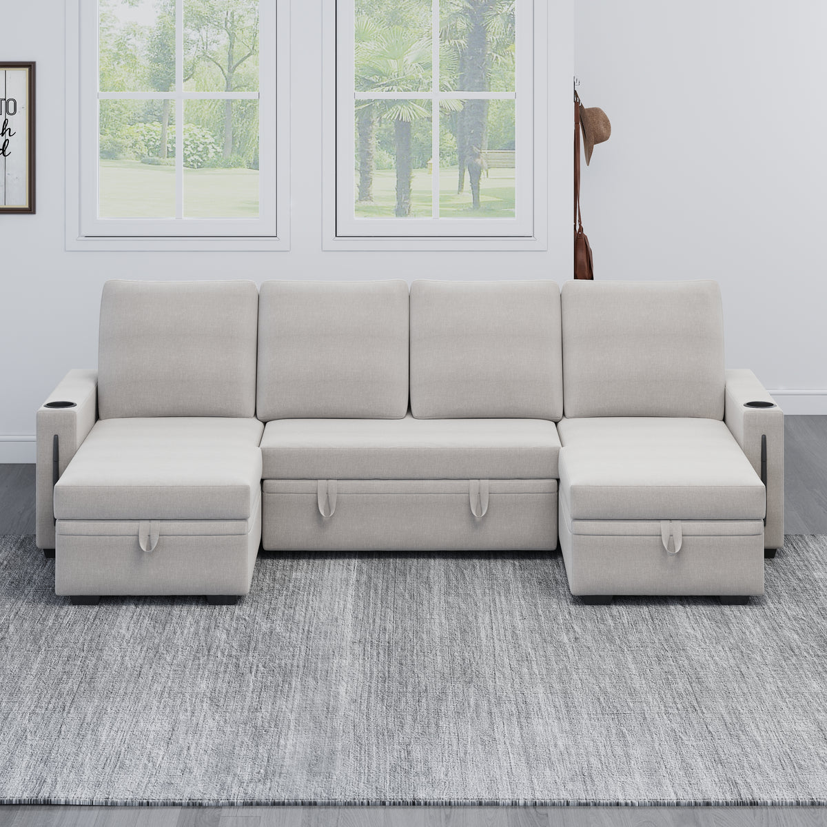 Sectional Sofa with Storage, 96" U Shaped Sectional Couches for Living Room, Comfy Convertible Sectional Sofa- Beige W1669S00007-djyc