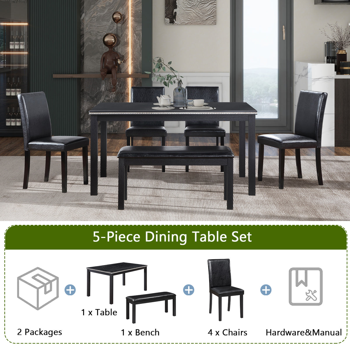 Wooden Dining Rectangular Table with Bench, Kitchen Table with Bench for Small Space, 6 Person Dining Table, Black W1998S00044-djyc