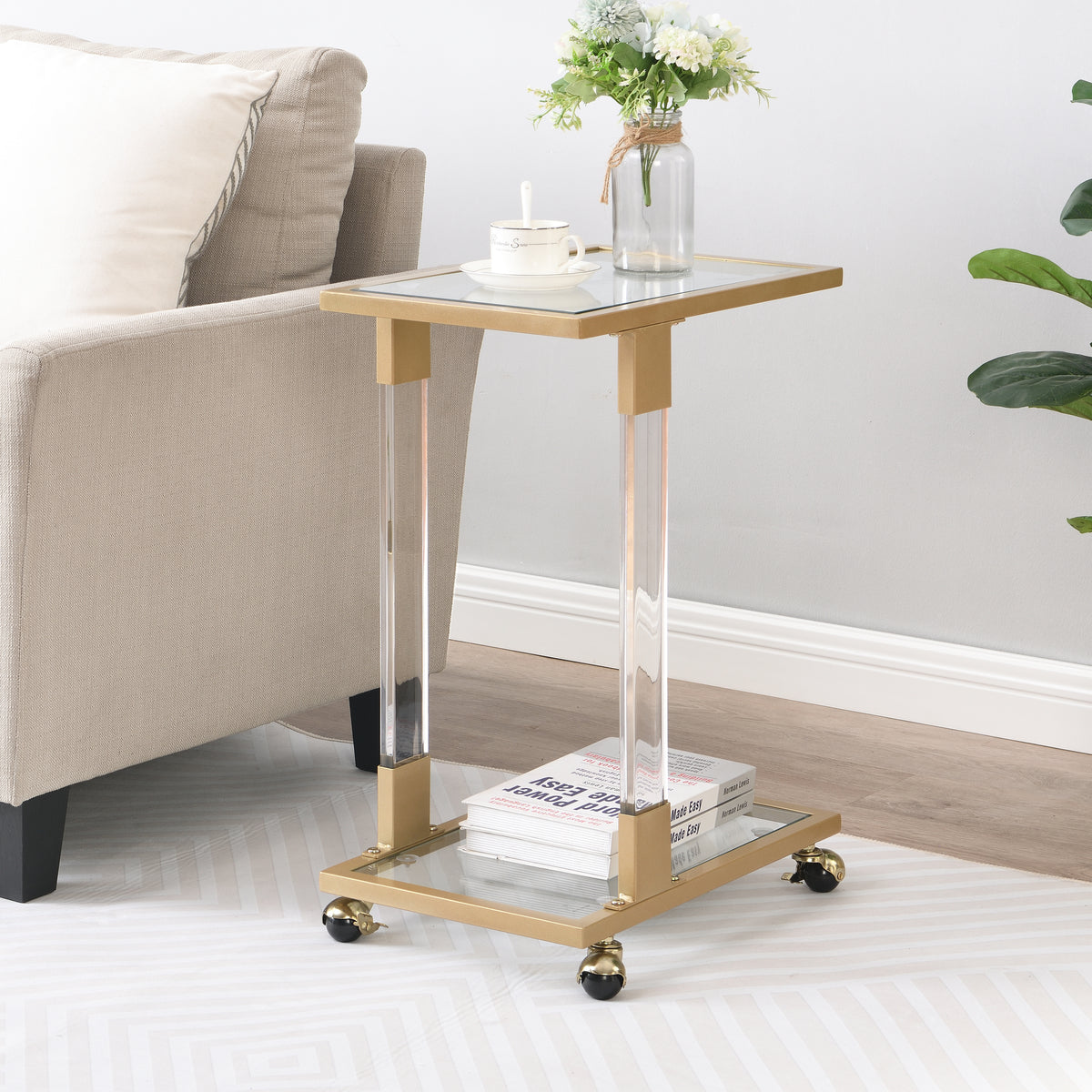 Golden Side Table, Acrylic Sofa Table, Glass Top C Shape Square Table with Metal Base for Living Room, Bedroom, Balcony Home and Office W82153574-djyc