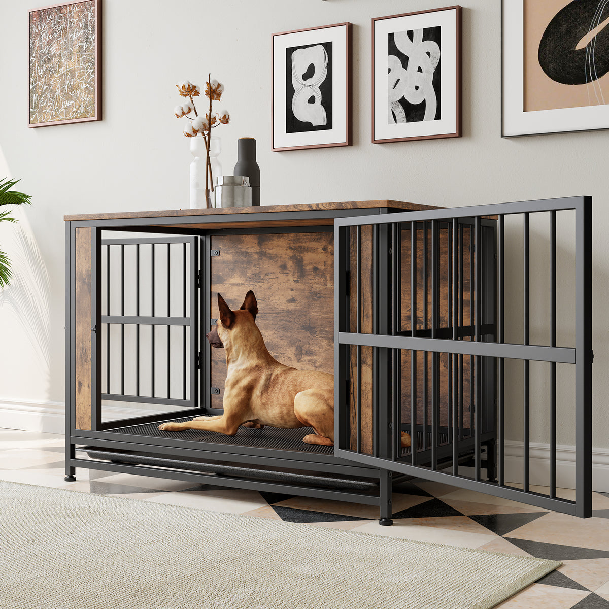 Dog Crate Furniture,Wooden Dog Crate Table, 38.9" Dog Kennel with 2 Sliding Doors and Thick Iron Door Frame, Decorative Pet Crate House for Large/Medium/Small Dog Indoor Use(Rustic Brown) W840P203068-djyc