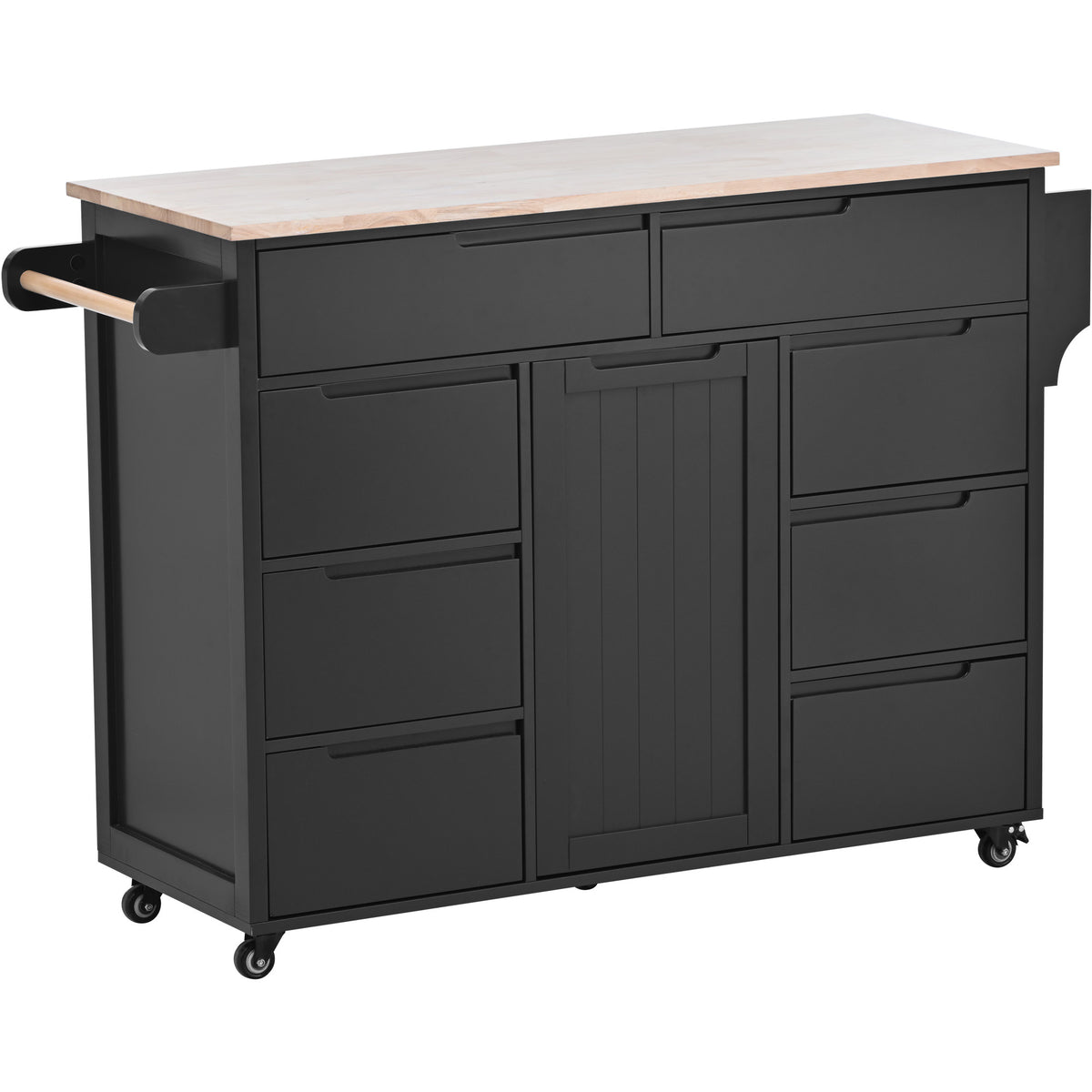 K&K Store Kitchen Cart with Rubber Wood Countertop , Kitchen Island has 8 Handle-Free Drawers Including a Flatware Organizer and 5 Wheels for Kitchen Dinning Room, Black SK000002AAB-djyc