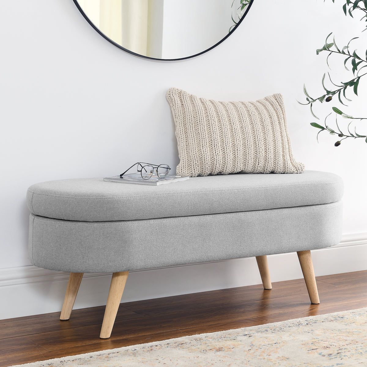 Ottoman Oval Storage Bench, Rubber Wood Legs, Grey(43.5"x16"x16") W48764884-djyc