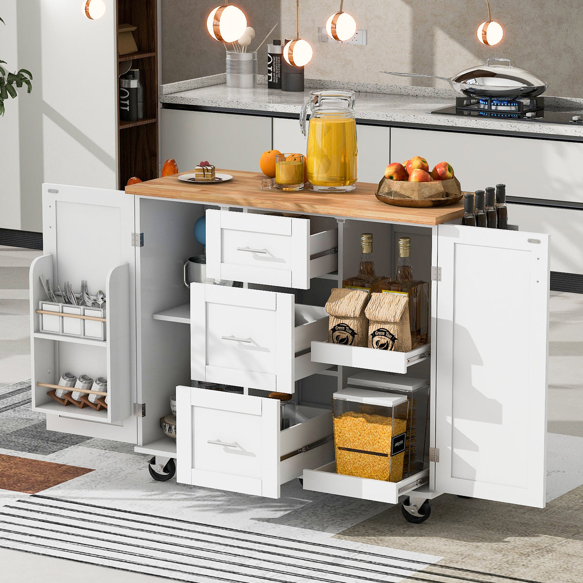 K&K Rolling Kitchen Island with Storage, Kitchen Cart with Rubber Wood Top, 3 Drawer, 2 Slide-Out Shelf and Internal Storage Rack, Kitchen Island on Wheels with Spice Rack & Tower Rack, White WF316599AAW-djyc