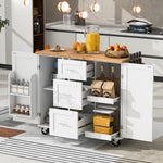 K&K Rolling Kitchen Island with Storage, Kitchen Cart with Rubber Wood Top, 3 Drawer, 2 Slide-Out Shelf and Internal Storage Rack, Kitchen Island on Wheels with Spice Rack & Tower Rack, White WF316599AAW-djyc
