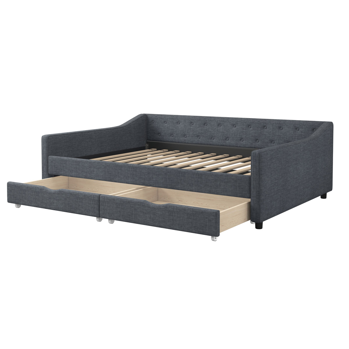 Full Size Daybed with Drawers Upholstered Tufted Sofa Bed, with Button on Back and Piping on Waved Shape Arms-Dark Grey W2336S00006-djyc