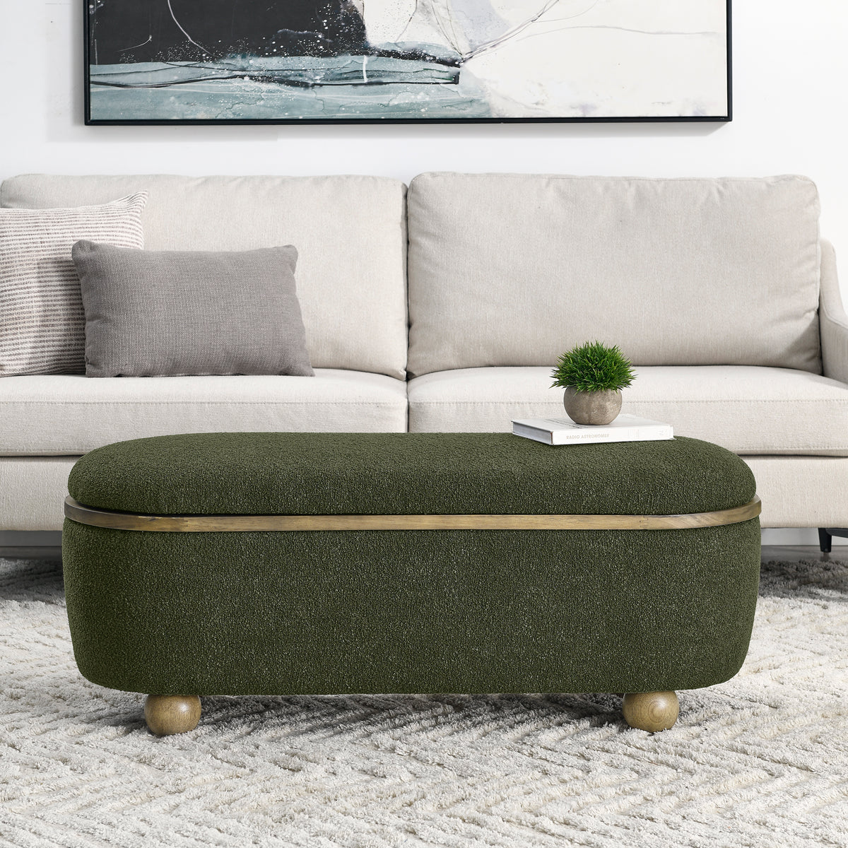 Storage Ottoman Bench, Upholstered End of Bed Ottoman Bench with Storage and Seating, Large Blanket Storage Bench for Foot Rest in Bedroom, Living Room, Entryway, Dark green W487P179605-djyc