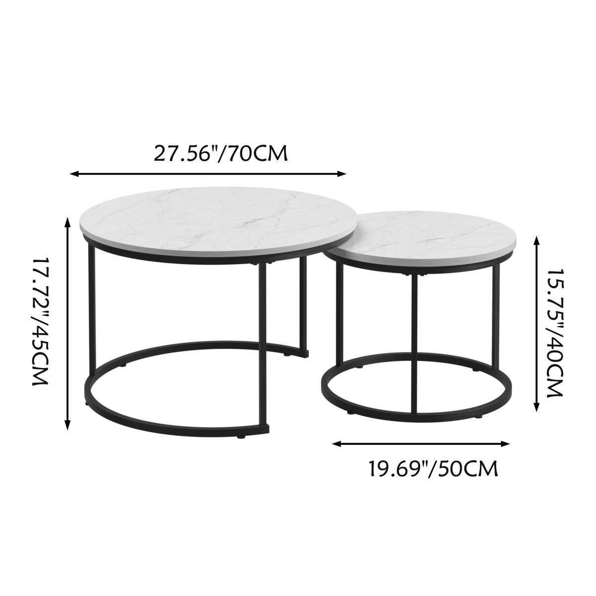 Nesting Coffee Table Set of 2, 27.6inch Round Coffee Table Wood Marble Pattern Top with Sturdy Metal Frame, End Table Side Tables for Living Room Bedroom Balcony Yard (White) W808P176725-djyc