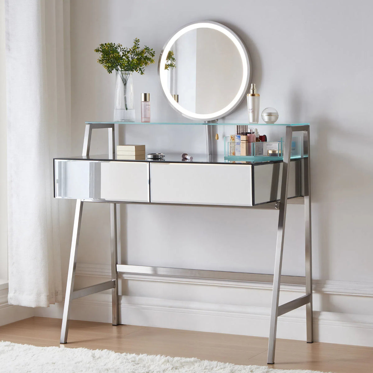 33.9" Mirrored Makeup Vanity Desk with Mirror and Lights, Mirrored Console Vanity Table with 2 Big Drawers & Open Shelf, Dressing Table with Charging Station for Bedroom, Silver FG202302AAA-djyc