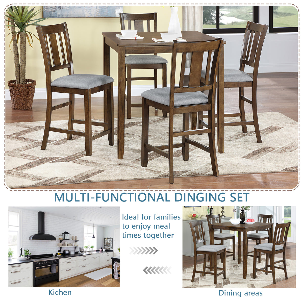 5 Piece Dining Table Set, Wooden Dining Square Table Set for 4, Counter Height Kitchen Table Set with Square Table and 4 Upholstered Chairs for Small Space, Walnut W1998S00035-djyc