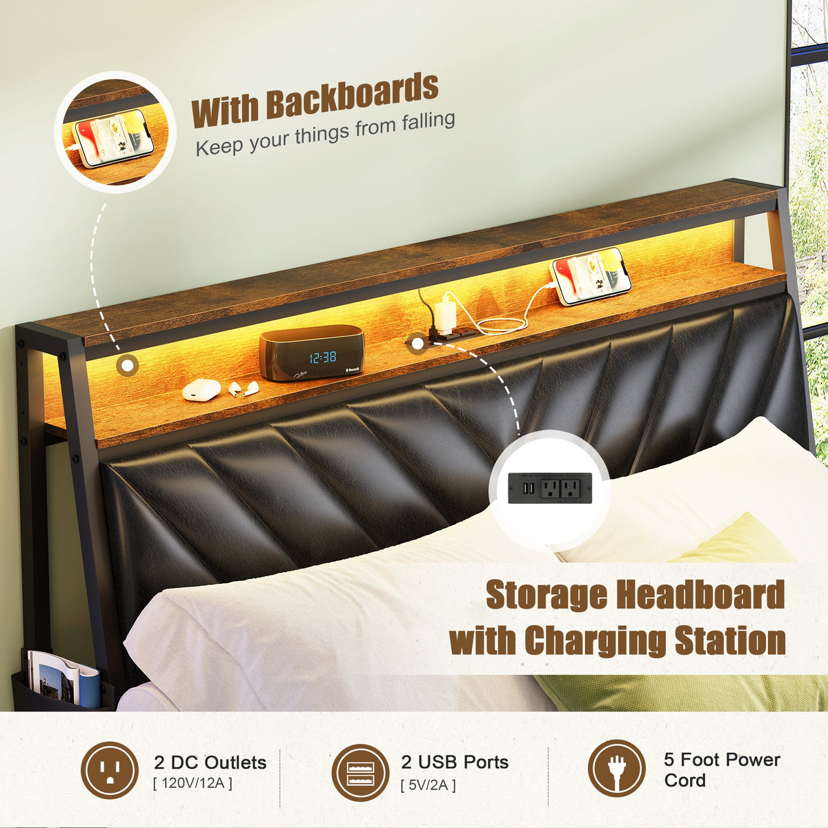 Full size Platform Bed Frame with 105-Degree Tilted Upholstered Headboard, Charging Station, LED Lights, Noiseless, Black and Brown W1903P195308-djyc