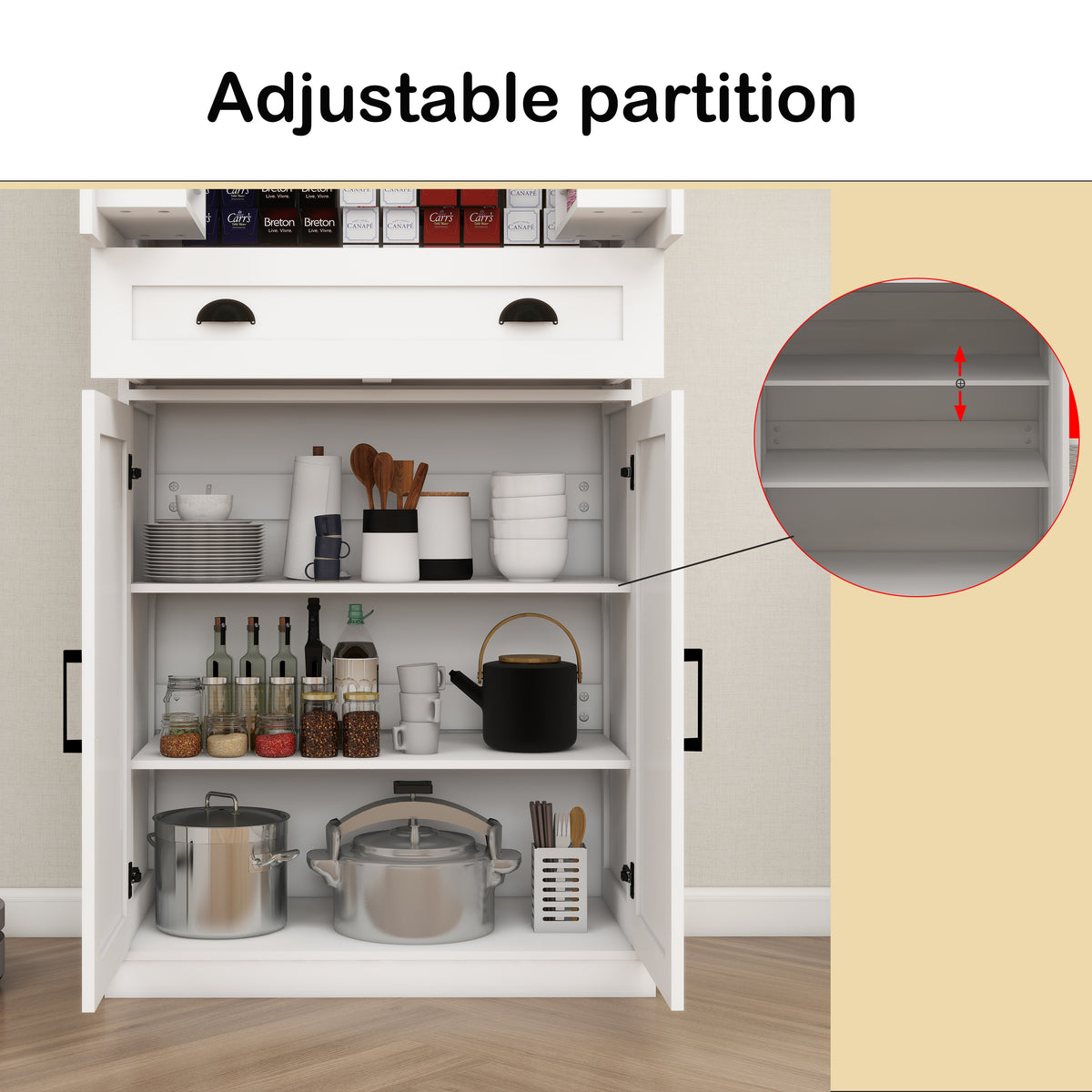 71" Kitchen Pantry Storage Cabinetwith 4 Doors(2Doors with Racks),1 Drawer, 2 Adjustable Shelves, Freestanding Cupboard for Kitchen, Dining Room and Living Room-White W282108550-djyc