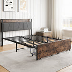 Full Size Bed Frame, Storage Headboard with Charging Station and 2 Storage Drawers,Vintage Brown and Gray W840137806-djyc