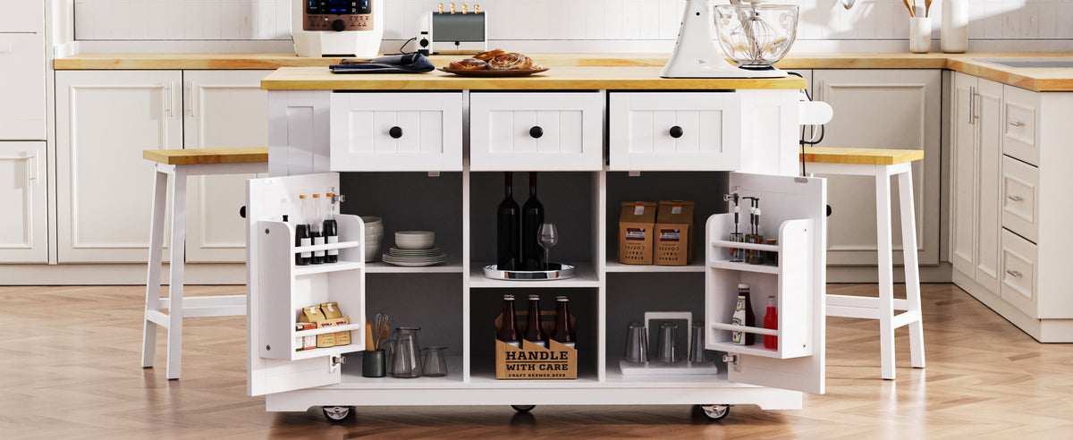 K&K 53inch Large Kitchen Island with 2 Bar Stools, Power Outlet,Door Internal Storage Rack, Kitchen Storage Cart on 5 Wheels with Drop Leaf, 5 Open Side Racks, 3 Drawers, for Kitchen,Dining Room,White N707S000007W-djyc