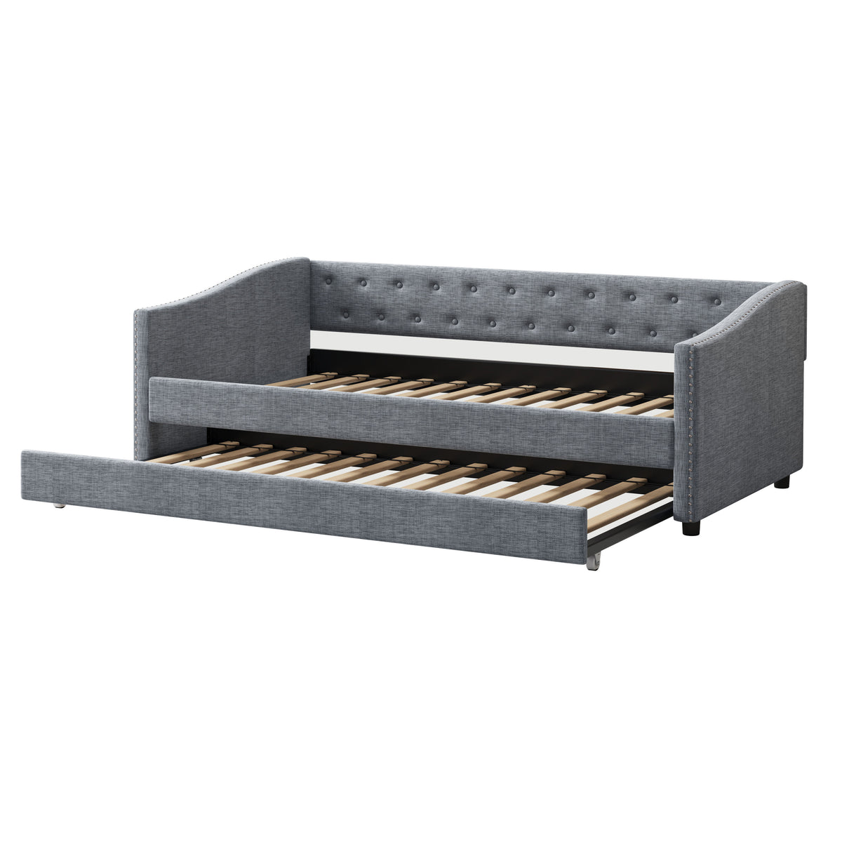 Twin Size Daybed with Twin Size Trundle Upholstered Tufted Sofa Bed, with Button on Back and Copper Nail on Waved Shape Arms-Light Grey W2336S00009-djyc