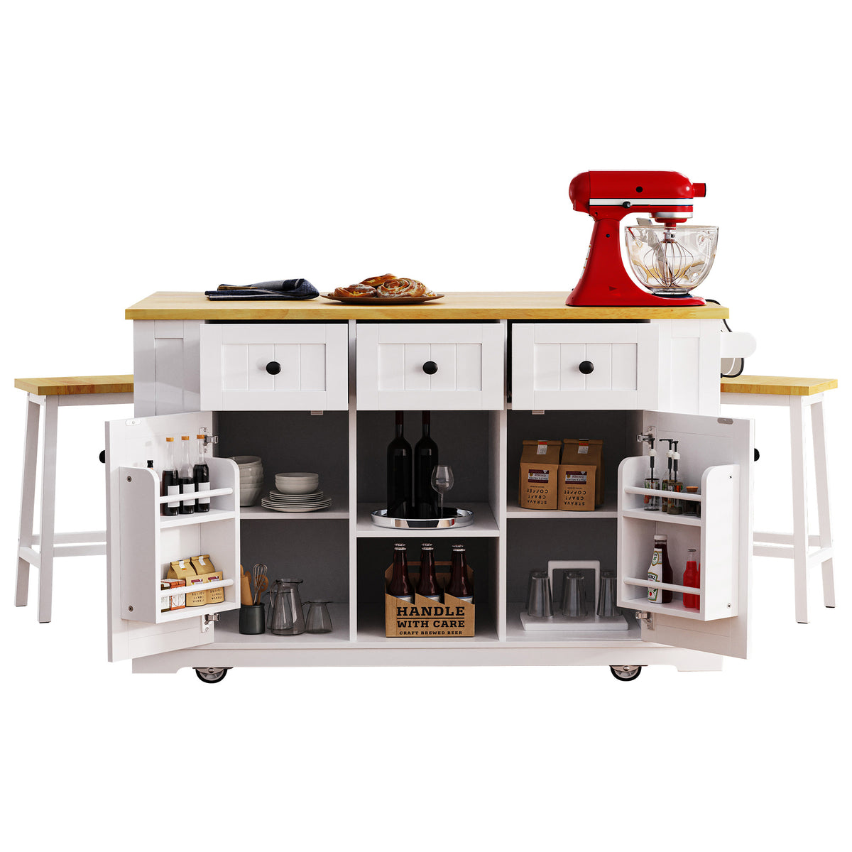 K&K 53inch Large Kitchen Island with 2 Bar Stools, Power Outlet,Door Internal Storage Rack, Kitchen Storage Cart on 5 Wheels with Drop Leaf, 5 Open Side Racks, 3 Drawers, for Kitchen,Dining Room,White N707S000007W-djyc