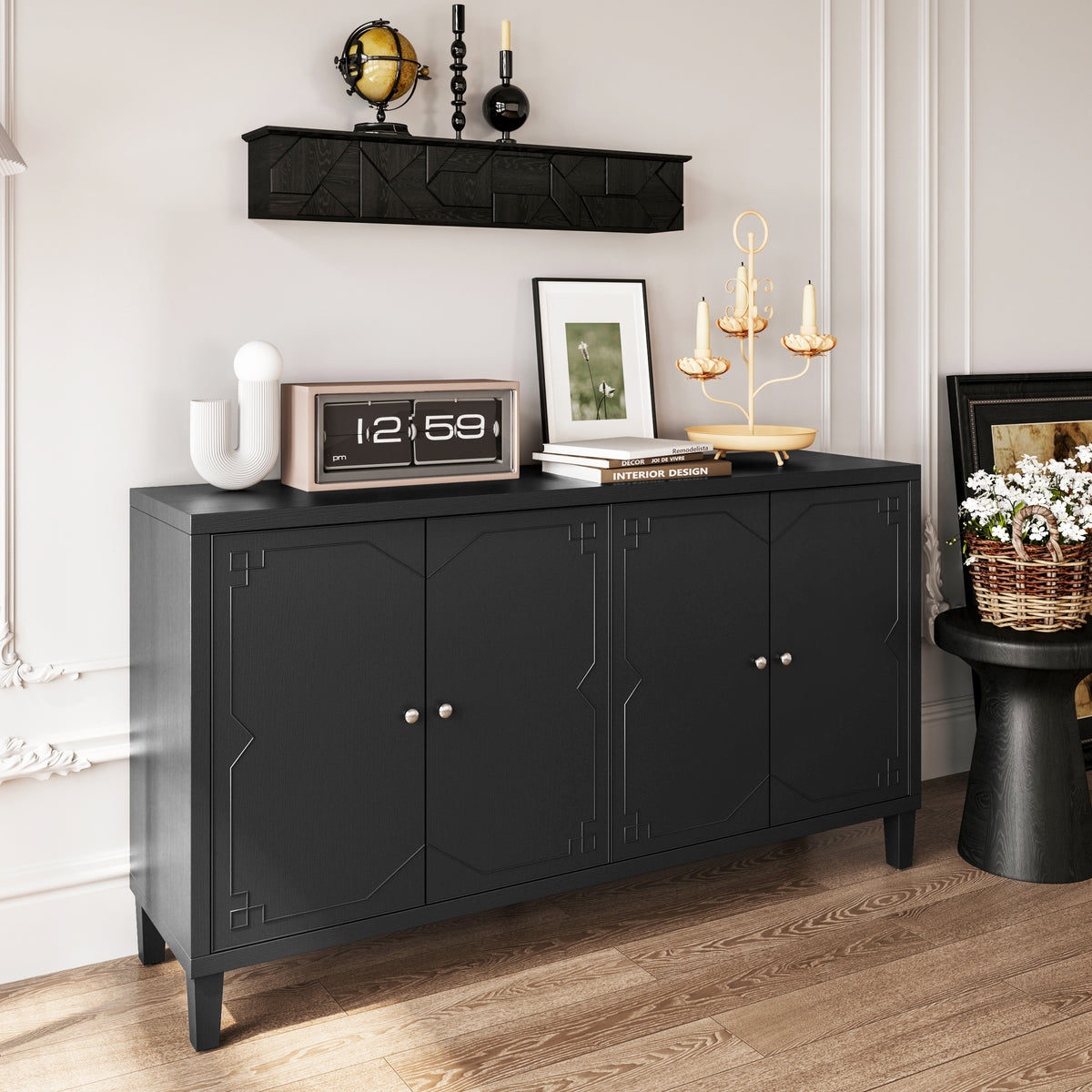 Accent Cabinet 4 Door Wooden Cabinet Sideboard Buffet Server Cabinet Storage Cabinet, for Living Room, Entryway, Hallway, Office, Kitchen and Dining Room, Matte Black W1435P153081-djyc