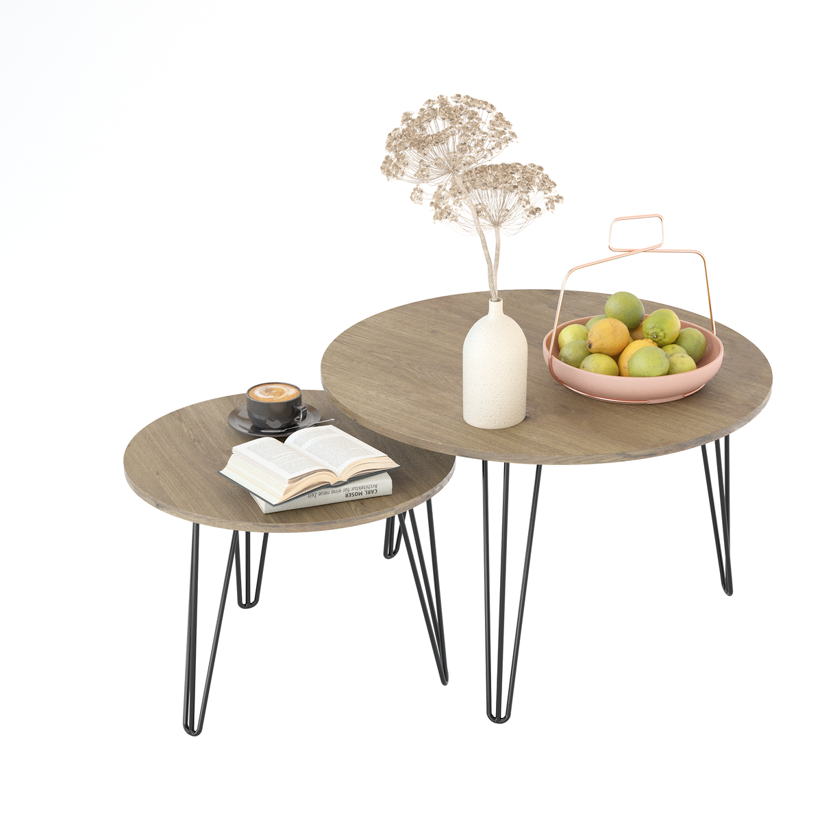 27.56'' Round Nesting Coffee Table Set of 2, Circular Nesting End Table Set, Round Wooden Tabletop, and Sturdy Metal Base for Living Room, bedroom, Brown W808P176732-djyc