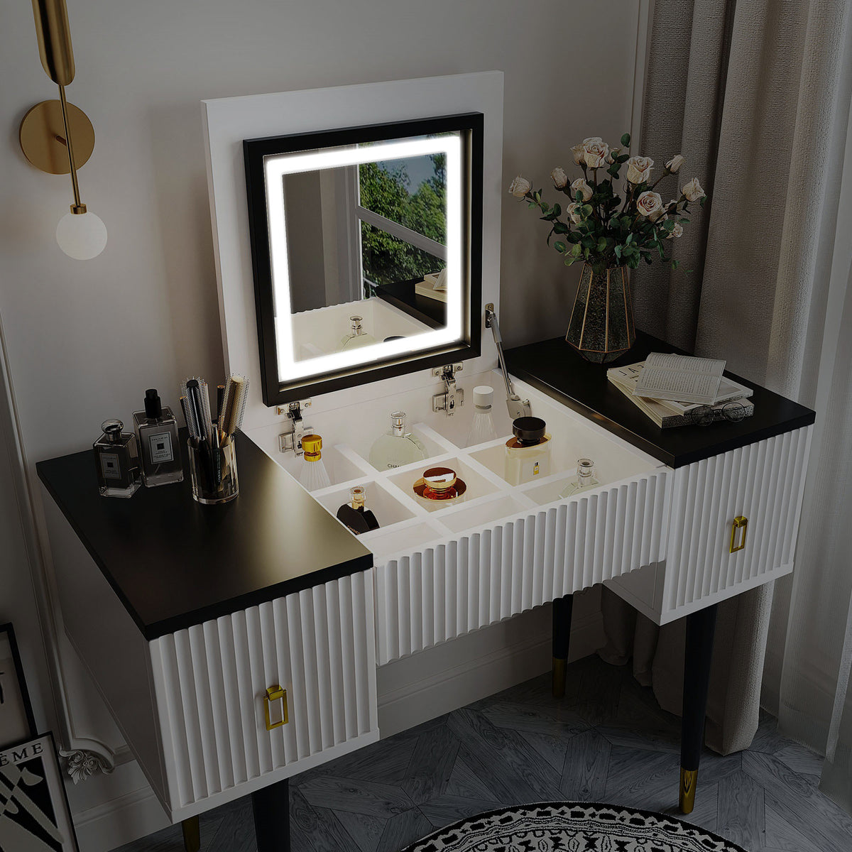 43.3" Modern Vanity Table Set with Flip-top Mirror and LED Light, Dressing Table with Customizable Storage, White and Black WF305842AAA-djyc