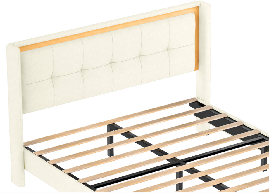 Queen Size Upholstered bed with headboard, sturdy wooden slats, high load-bearing capacity, non-slip and noiseless, no springs, easy to assemble, beige W1793115334-djyc