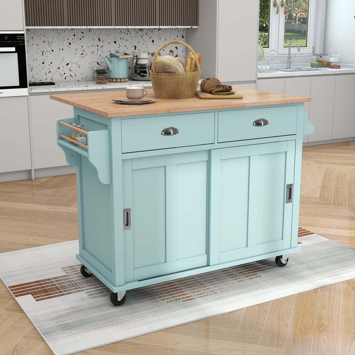 Kitchen Cart with Rubber wood Drop-Leaf Countertop, Concealed sliding barn door adjustable height,Kitchen Island on 4 Wheels with Storage Cabinet and 2 Drawers,L52.2xW30.5xH36.6 inch, Mint Green SK000001AAE-djyc