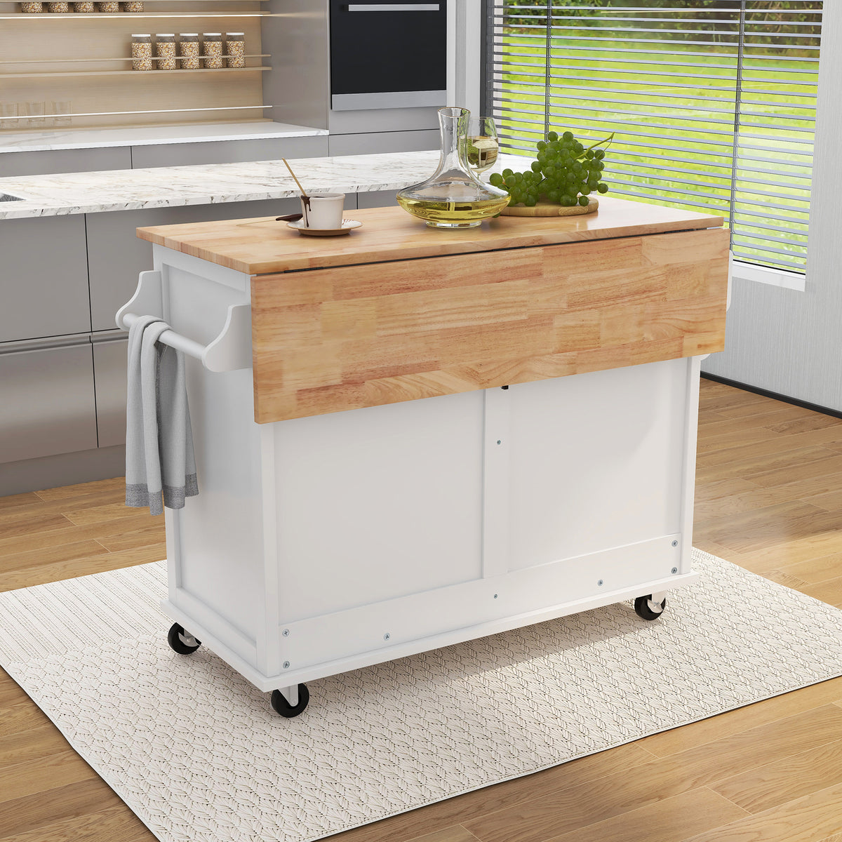 Kitchen Cart with Rubber wood Drop-Leaf Countertop, Concealed sliding barn door adjustable height,Kitchen Island on 4 Wheels with Storage Cabinet and 2 Drawers,L52.2xW30.5xH36.6 inch, White SK000001AAW-djyc