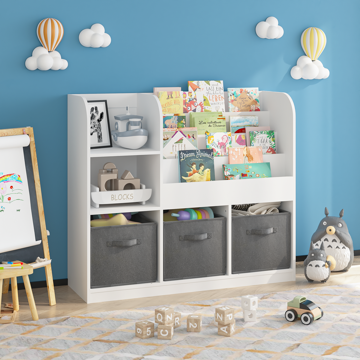 Kids Bookcase and Bookshelf, Multifunctional Bookcase with 3 Collapsible Fabric Drawers, Bookcase Display Stand, Toy Storage Organizer for Bedroom, Playroom, Hallway (White/Gray) W808127602-djyc