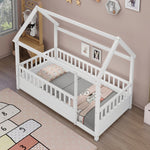 Twin Size Floor Wooden Bed with House Roof Frame, Fence Guardrails,White W1858123984-djyc