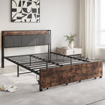 Queen Size Bed Frame, Storage Headboard with Charging Station and 2 Drawers, Solid and Stable, Noise Free, No Box Spring Needed, Easy Assembly, Vintage Brown and Gray W840137808-djyc