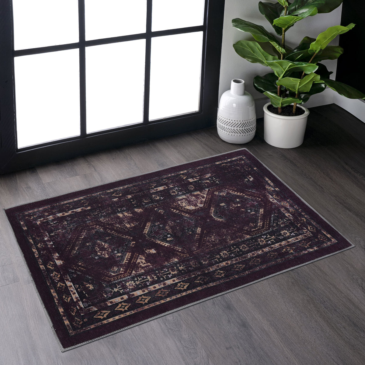 MAVAL Black Washable Rug 2' x 3' Doormat Rug (Black+Burgundy, 2' x 3')-B189P188995