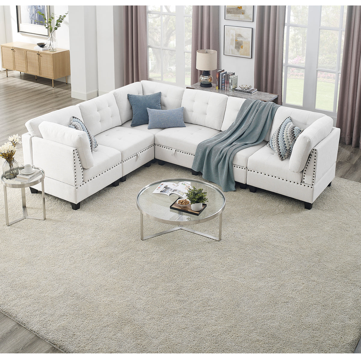 L shape Modular Sectional Sofa,DIY Combination,includes Three Single Chair and Three Corner ,Ivory Chenille W487S00197-djyc