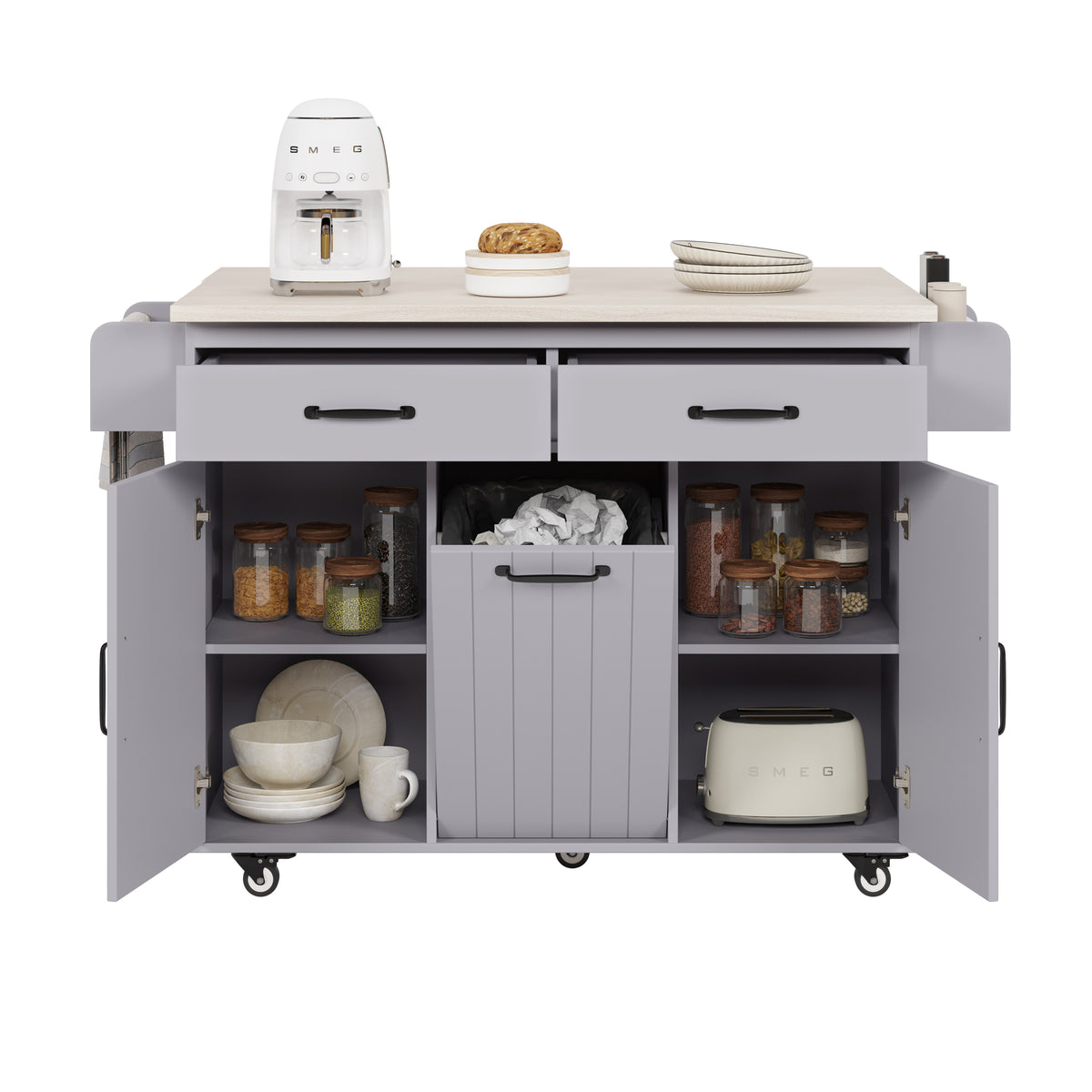 K&K Kitchen Island with Trash Can Storage Cabinet, Kitchen Cart with Drop Leaf, Spice Rack, Towel Rack and Drawer, Rolling Kitchen Island on Wheels with Adjustable Shelf, Grey WF326381AAG-djyc