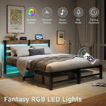 Queen SizeMetal Bed Frame with Wooden Headboard, RGB Lights,Charger, Storage Shelf, Noise-Free, No Box Spring Needed,Rustic Brown W840P209904-djyc