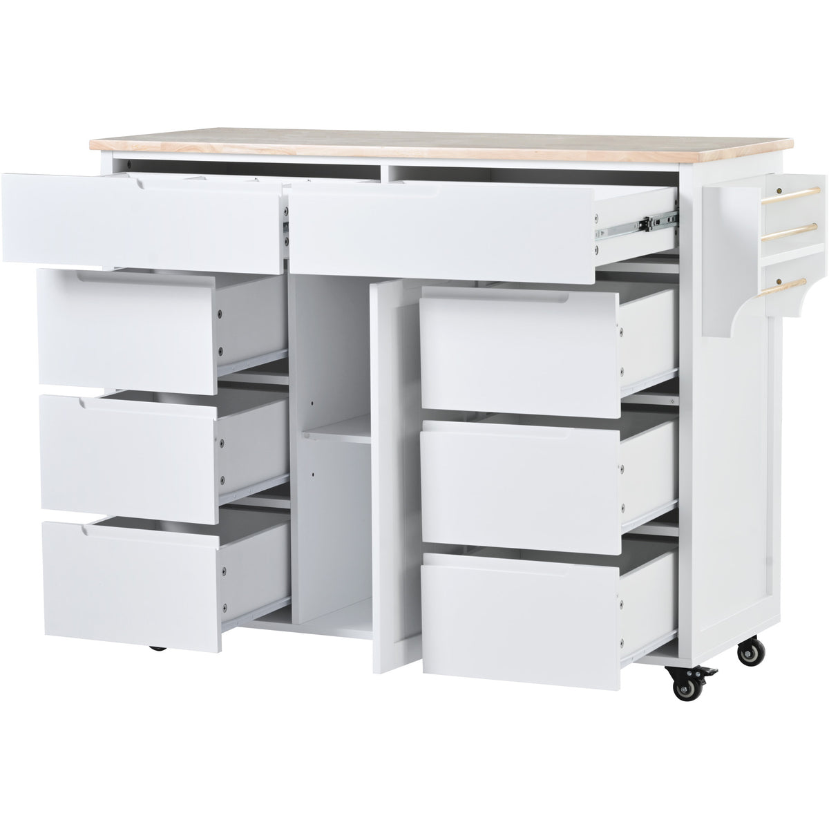 K&K Store Kitchen Cart with Rubber Wood Countertop , Kitchen Island has 8 Handle-Free Drawers Including a Flatware Organizer and 5 Wheels for Kitchen Dinning Room, White SK000002AAW-djyc