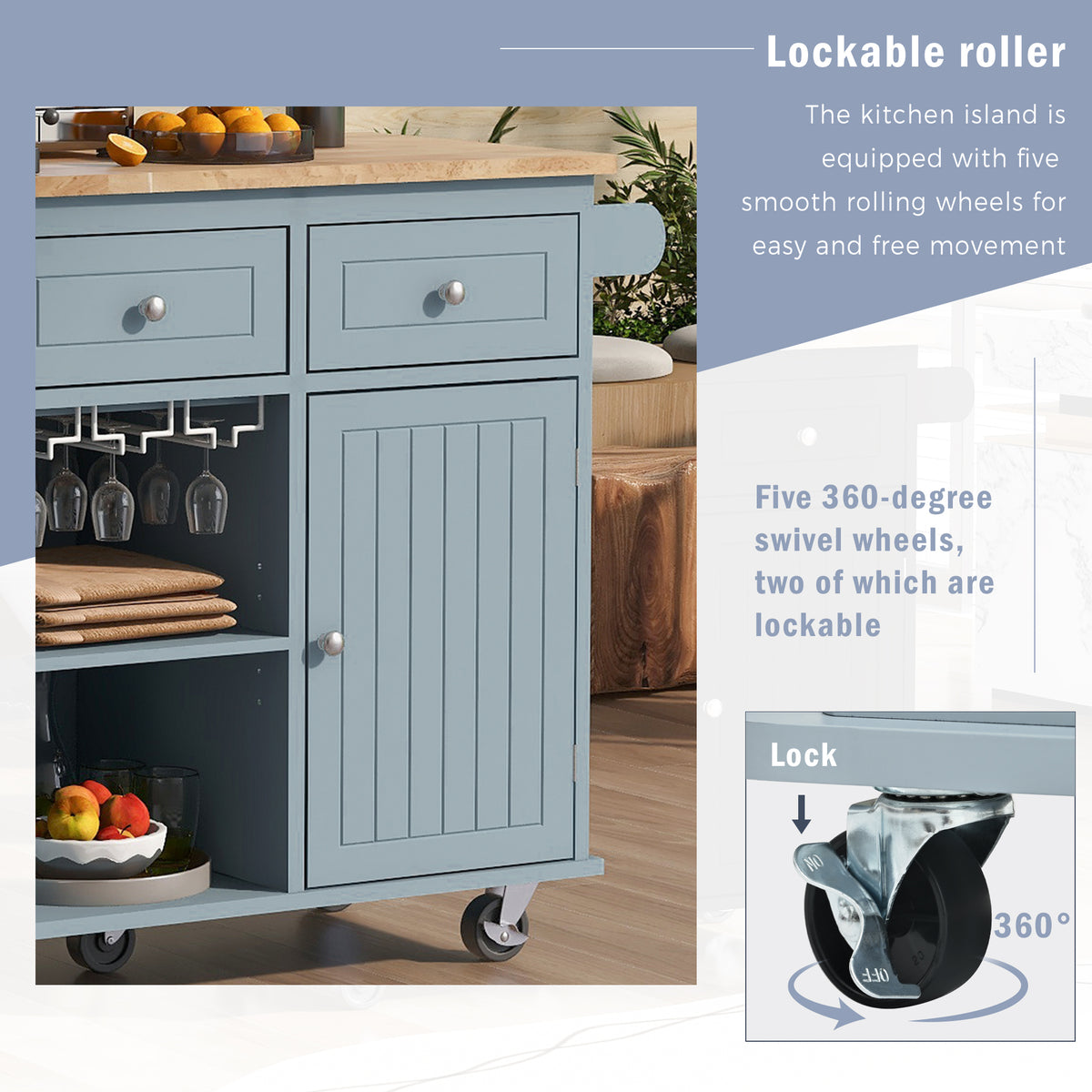 Kitchen Island with Power Outlet,Kitchen Storage Island with Drop Leaf and Rubber Wood,Open Storage and Wine Rack,5 Wheels,with Adjustable Storage for Home, Kitchen, and Dining Room, Grey Blue WF305556AAG-djyc