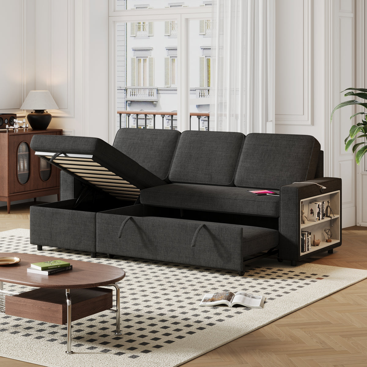 85.8" Pull Out Sleeper Sofa L-Shaped Couch Convertible Sofa Bed with Storage Chaise And Storage Racks,With USB Port And T-pyce Port W834S00265-djyc