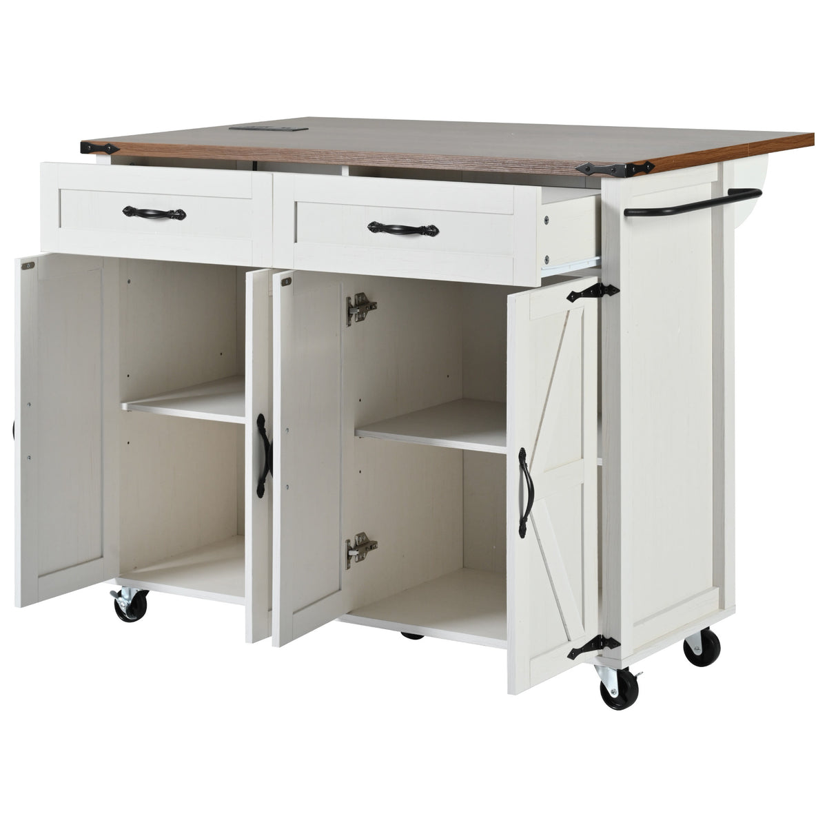 K&K 53.5''Farmhouse Kitchen Island with Power Outlet, Kitchen Storage Island with Drop Leaf, Spice Rack and Drawer, Rolling Kitchen Cart on Wheels, for Home, Kitchen and Dining Room, White N707P170348W-djyc