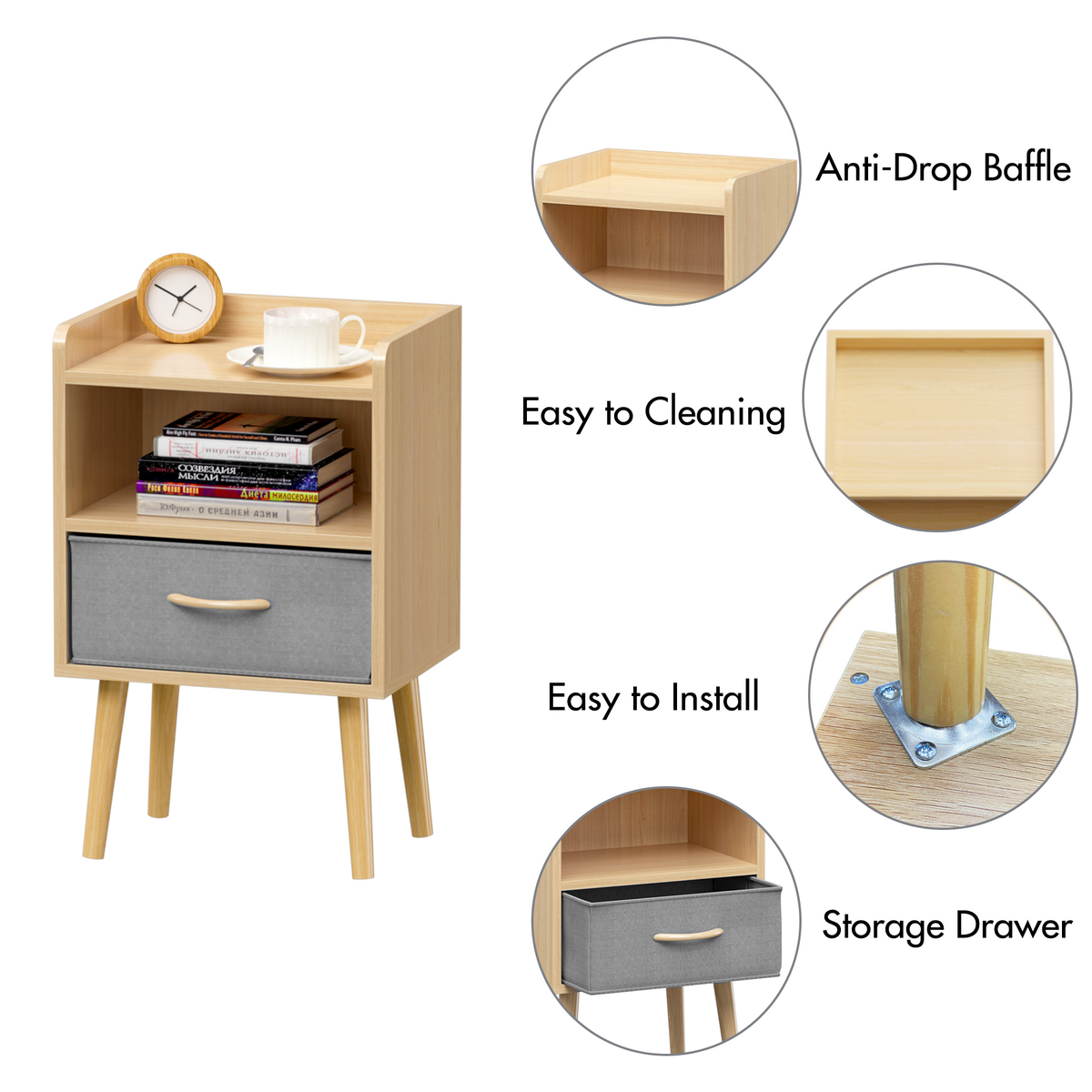 2PC Nightstand With Collapsible Fabric Drawer, 2-Tier Storage End Table, Wood Side Table with Storage Cabinet for Bedroom, Living Room - Oak W808P204531-djyc